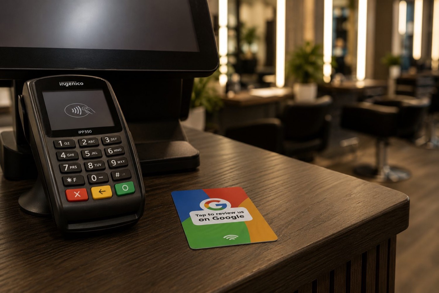 White NFC review card on a light surface