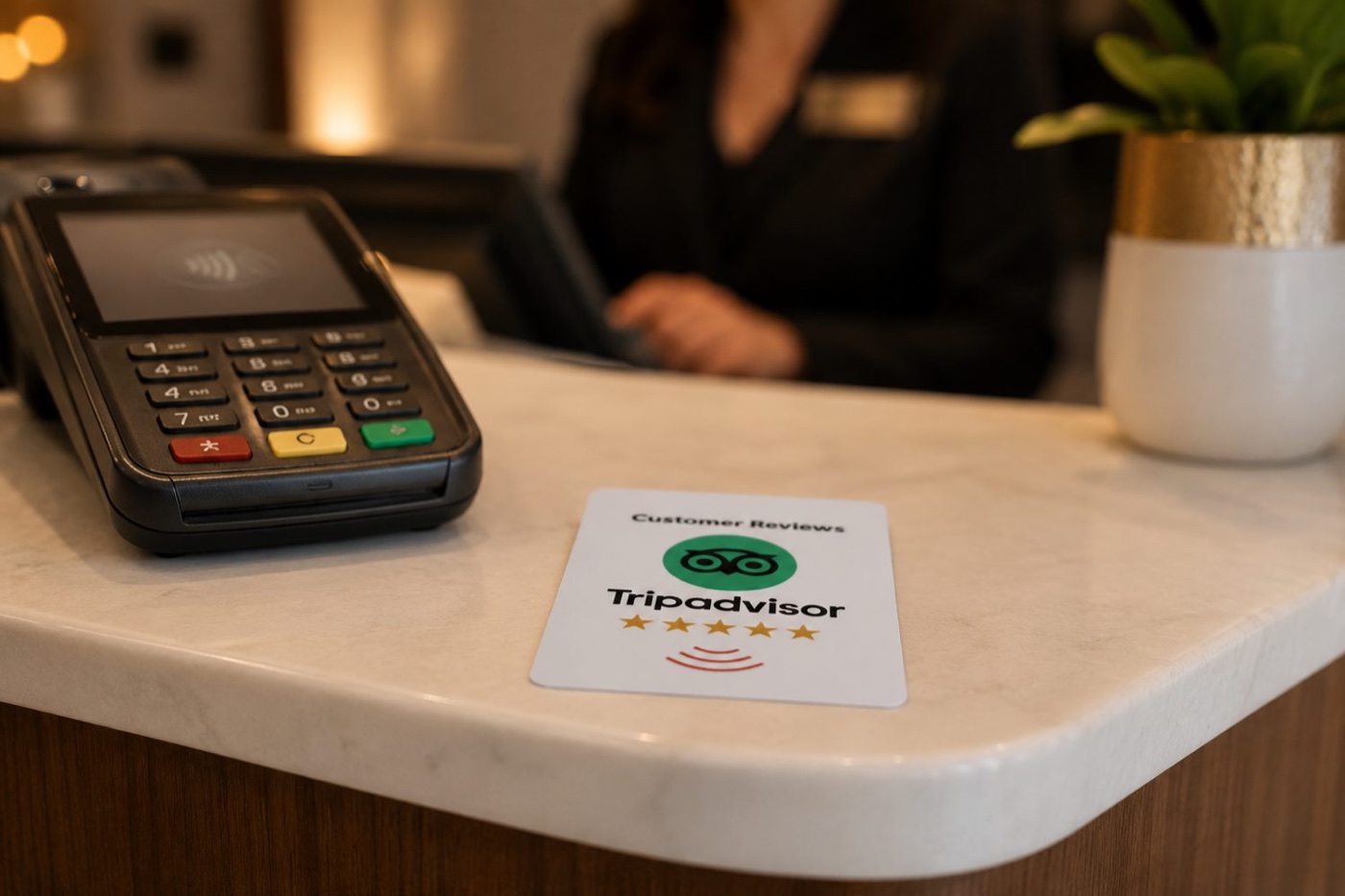 NFC Tripadvisor review card on a light surface