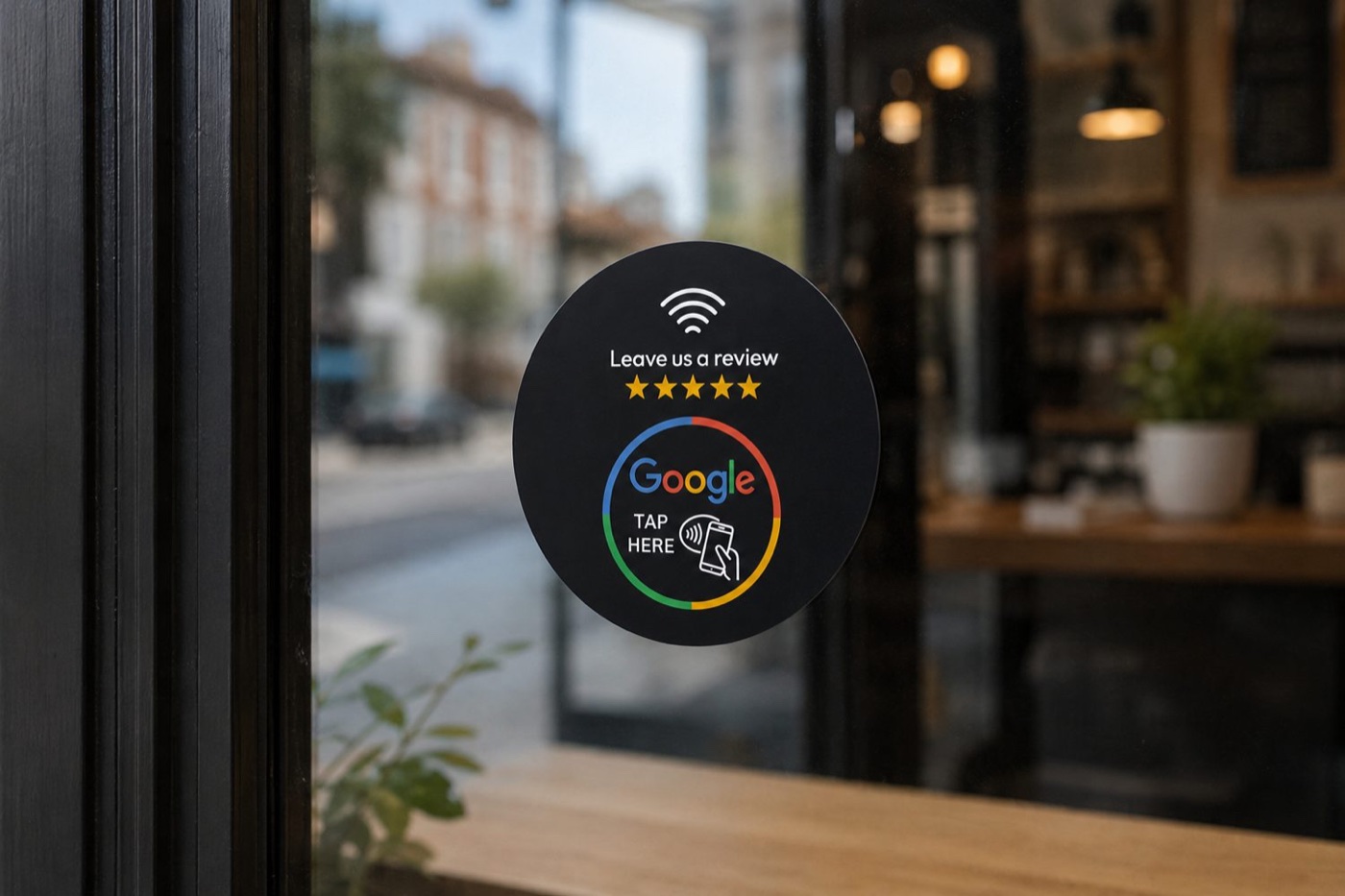 Round NFC review tag on the glass of a shop door